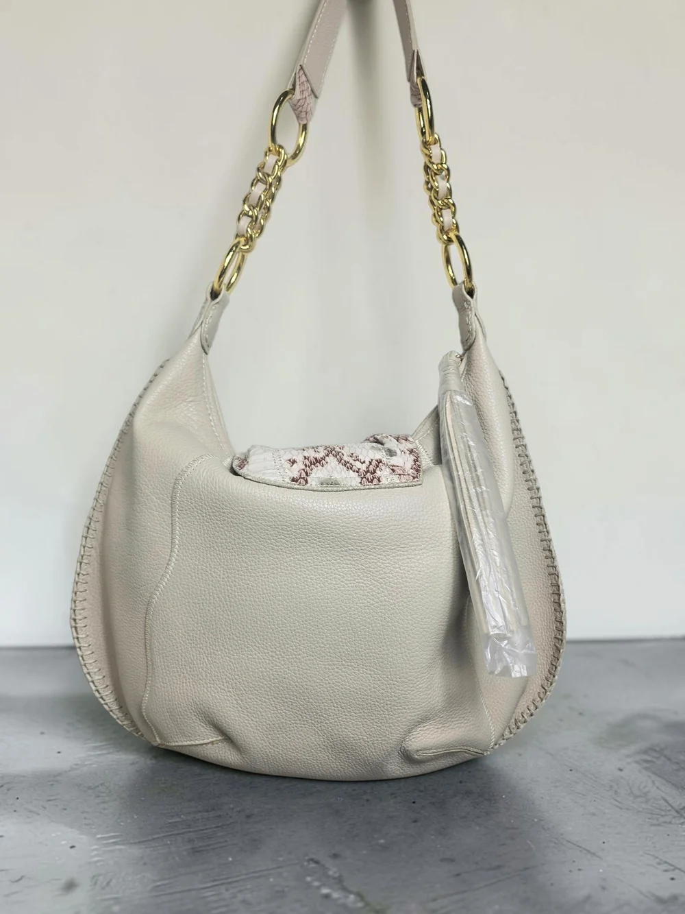 Cream Leather Hobo Bag with Snakeskin Detail and Gold Chain Strap